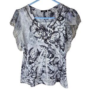 Vintage Y2K Butterfly Print Top M Petite Lightweight Polyester Short‎ Sleeve